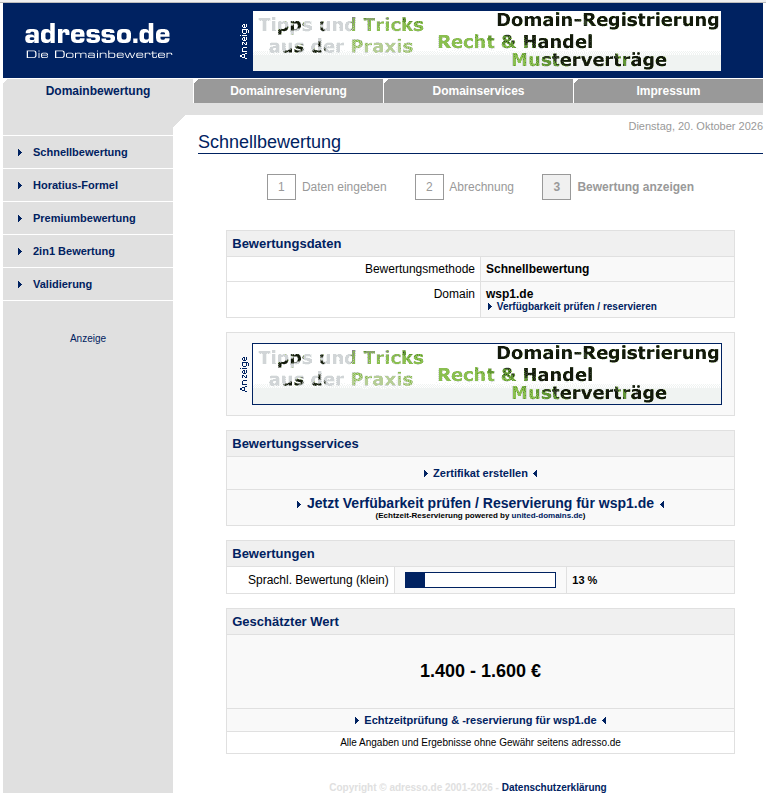 Schnellbewertung von adresso.de für wsp1.de